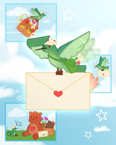 Personagem autoral feito em comemoração ao "dia dos namorados". Um beija-flor que trabalha como correio do amor.